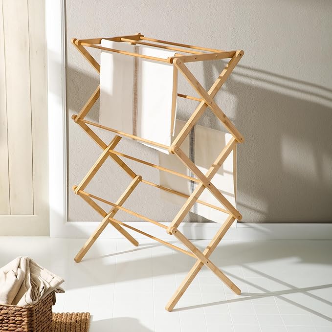 Gibson Home Riverrun Foldable Bamboo Drying Rack for Clothes & Towels – 2-Tier Collapsible Laundry Drying Rack, Space-Saving Air Dry Stand for Clothes, Towels, Blankets, etc for Indoor & Outdoor Use