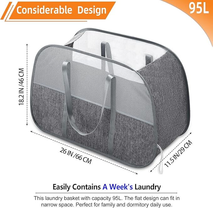 Collapsible Laundry Baskets with Easy Carry Handles, 95L Clothes Hamper for Storage, Foldable Laundry Basket Tear-proof, Large Pop Up Hampers for Laundry, Bedroom, Bathroom, Dorm Grey