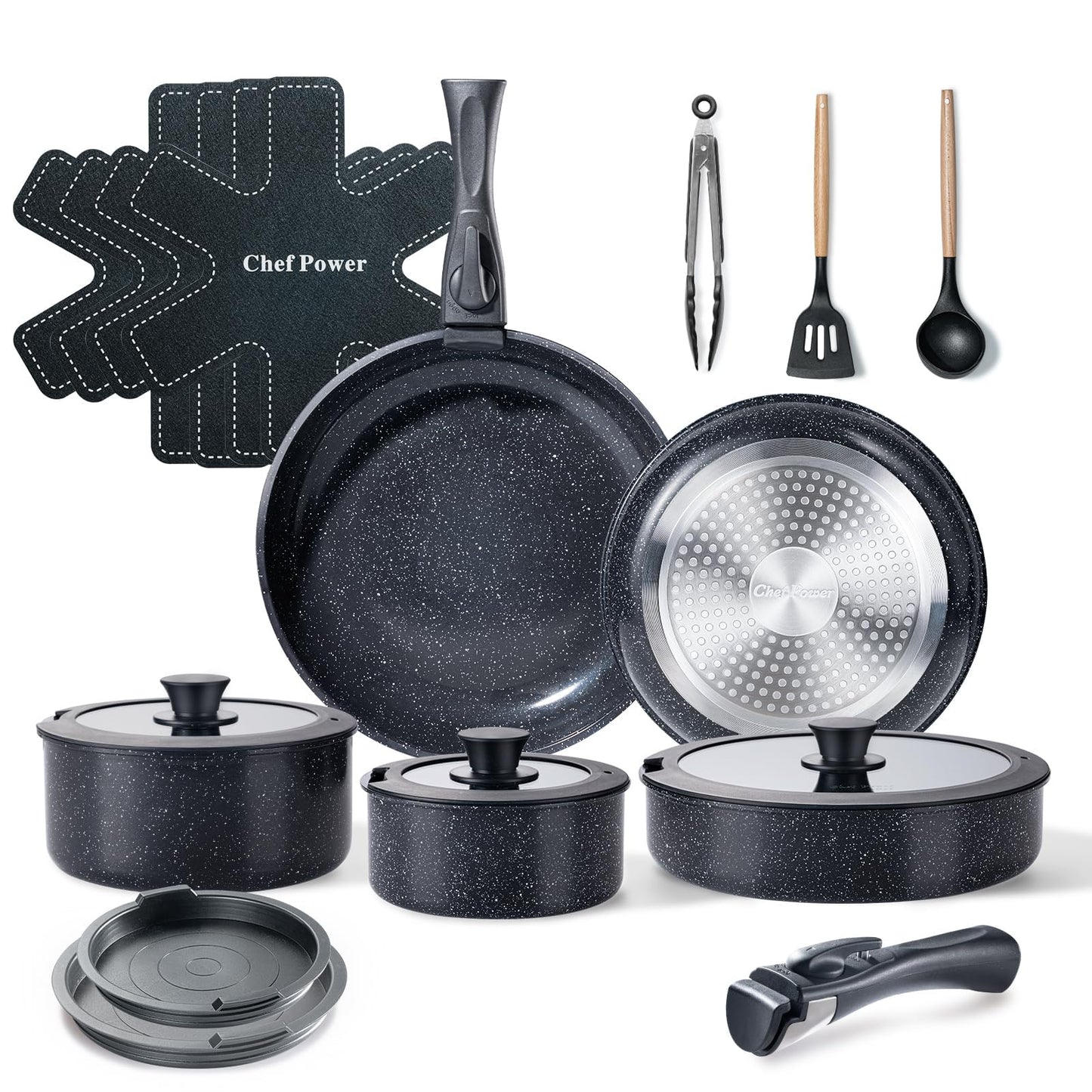 Chef Power Ceramic Cookware Set, 19 PCS Detachable Non Stick Pots and Pans