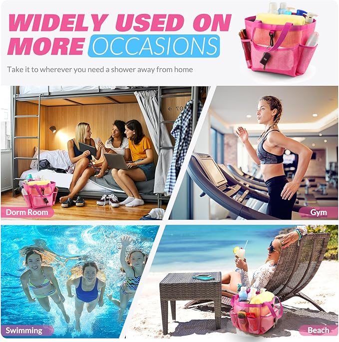 Mesh Shower Caddy Portable for College Dorm Room Essentials with 8 Pockets, Shower Bag for Beach, Swimming, Gym, Travel, Bathroom(All rose pink)