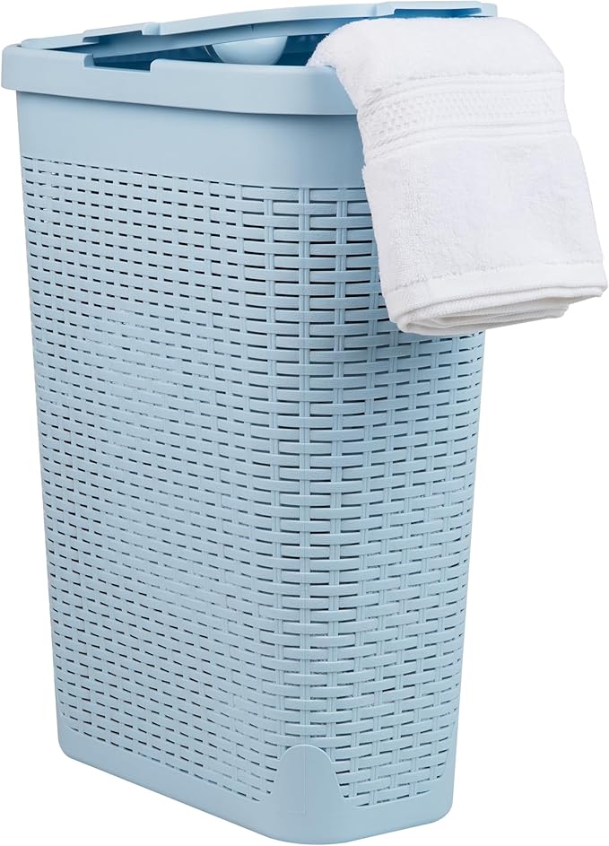 Mind Reader Slim Laundry Hamper with Lid, 40L Clothes Basket, Premium Wicker Design, Plastic, Baby Blue