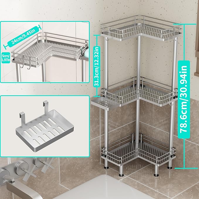 HapiRm Standing Corner Shower Caddy - 3 Tier Shower Shelf Corner with Soap Holder, Rustproof Bathroom Standing Organizer with 4 Hooks, Silver
