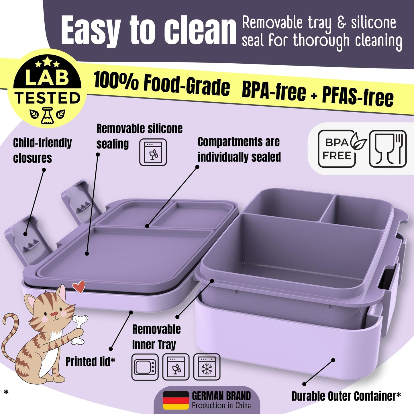 BEARFOOT Kids Lunch Box with Compartments – Compact & Lightweight | Leak-Proof, BPA-Free, Dishwasher Safe | Hand-Drawn Design for Preschool, School, Travel (Sticker Purple, 2.75 Cups)