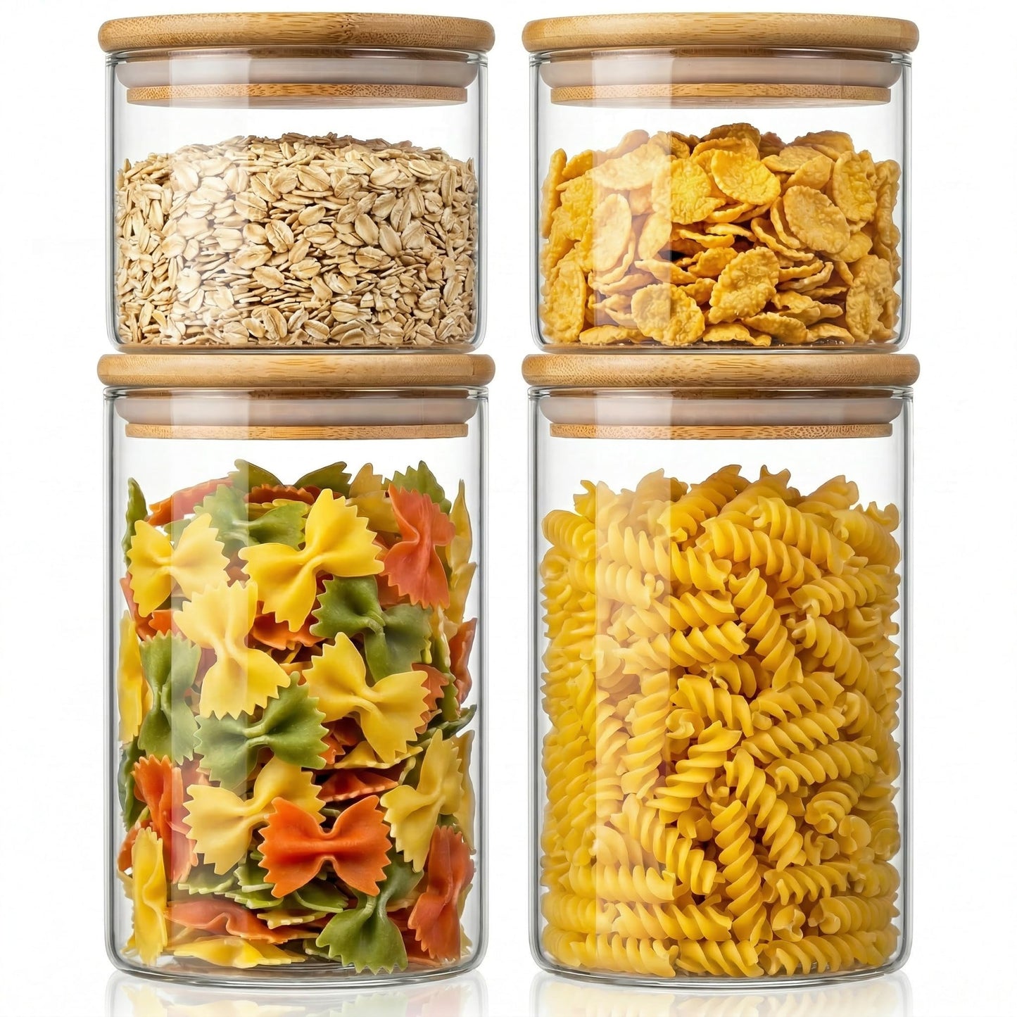 32 oz & 21 oz Round Glass Food Storage Containers with Bamboo Lids, 4 Pack