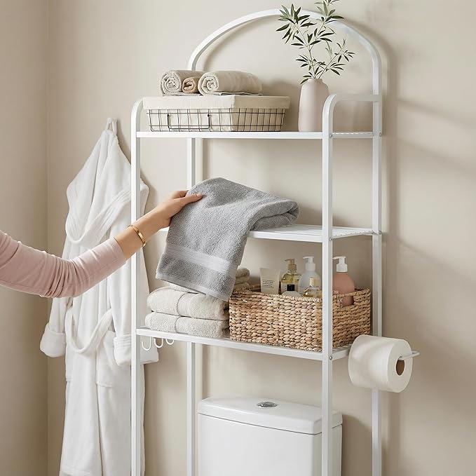 3-Tier Over The Toilet Storage, Bathroom Organizer, Space-Saving, Above Toilet Storage Rack with 4 Hooks and Paper Holder, Metal Shelf, White