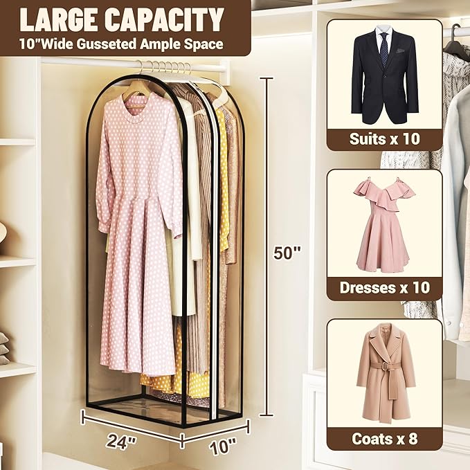 Garment Bags for Hanging Clothes 50” Long, Ultra Clear Suit Bags for Closet Storage, Moving Organization, Travel Covers with 10" Gussets for Coat, Dress, Shirt and Sweater - 2 PCS