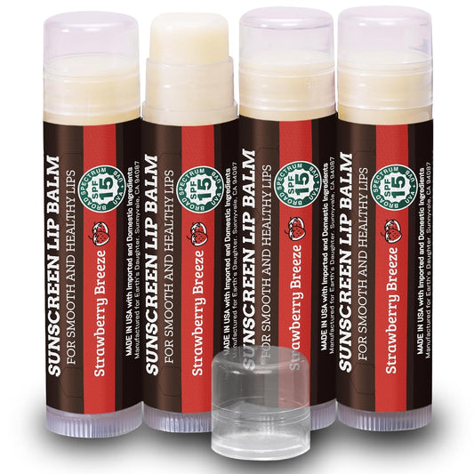Earth's Daughter SPF Lip Balm 4-Pack Strawberry Flavor - Lip Sunscreen, SPF 15, Organic Ingredients, Beeswax, Coconut Oil, Vitamin E - Hypoallergenic, Paraben Free, Gluten Free