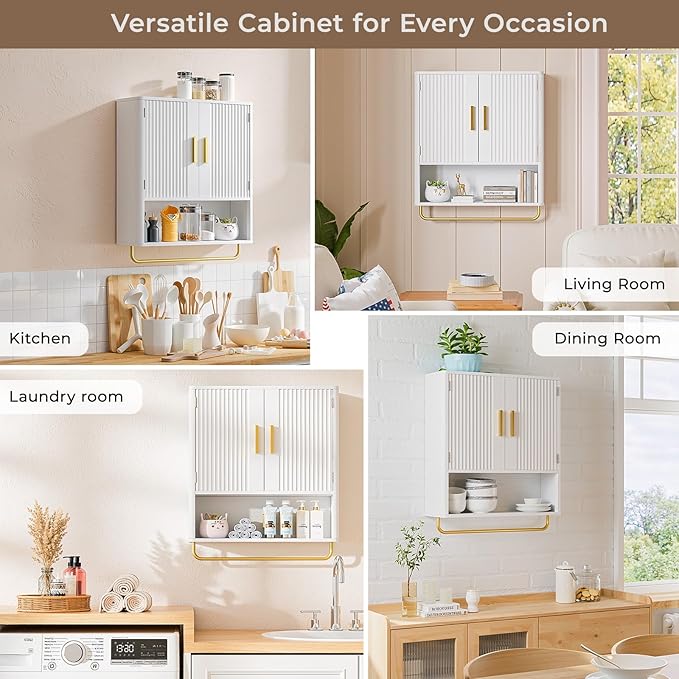 Bathroom Cabinet Wall Mount with Fluted Door Panel & Adjustable Shelf, Medicine Cabinet with Open Partition and Towel Bar, Wall Storage Cabinet for Laundry Room & Kitchen (White)