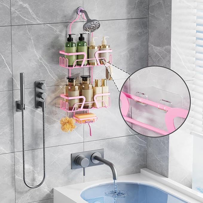 Shower Caddy Hanging, Pink Over the Shower Head Caddy with Soap Holder, Bathroom Organizer with Hooks for Razors and Bath Sponges