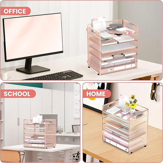 Daltack 6 Tier Paper Organizer for Desk, Paper Letter Tray Organizer for Desks, Mesh Desk File Organizers with Handle for Office, Home, School, Rose Gold