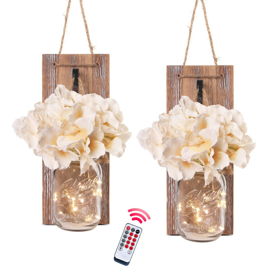 Besuerte Mason Jar Wall Sconces Set of Two, Wall Deco Cute Wall Decor with LED Fairy Lights, Art for Living Room Modern Decorations, House Decor, Rustic Brown