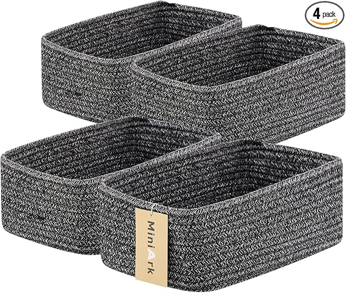 Small Storage Baskets for Organizing | Closet Organizer Bins | Shelf Toy Basket | Woven Rope Baskets | Cube Decorative Box | Shallow Basket | 11.5x7.5x4.7” | 4 Packs Dark Gray