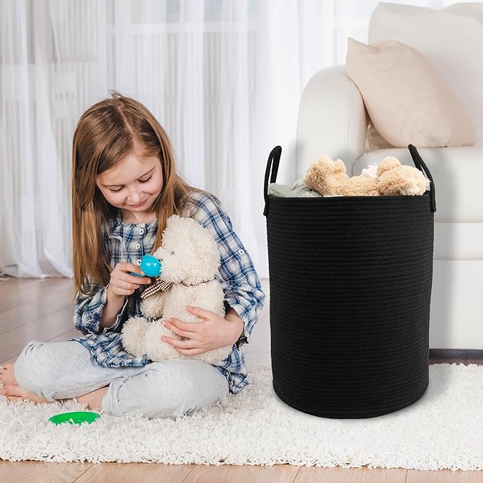 Woven Cotton Rope Laundry basket-15”X20” Laundry Hamper-Rope Storage Basket for Dirty Clothes, Toys and Blankets Perfect for Bathroom, Baby nursery and Living Room Storage (black)