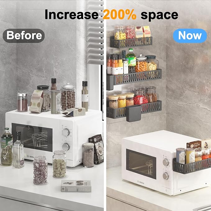 4 Pack Large Magnetic Spice Rack for Refrigerator, Spice Rack Organizer, Moveable Magnetic Shelf Fridge Organizer with 4 Hooks for Kitchen and Oven Organization, Black