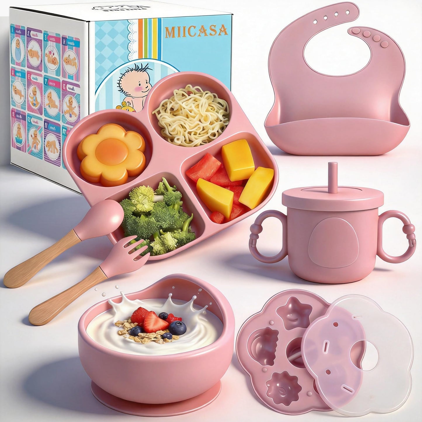 MIICASA Silicone Feeding Set, Led Weaning Supplies, Food Tableware Suction Plate, Bowl, Spoons, Fork, Waterproof Bib, Cup & Complementary Food Cake Mold, Baby Eating Utensils