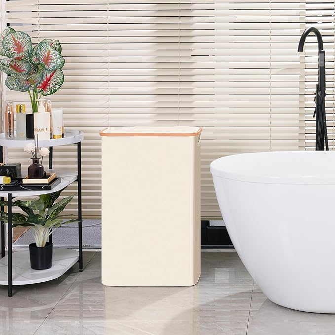 Slim Laundry Basket with Lid, Narrow Dirty Clothes Hampers for Laundry with Handle, Skinny Laundry Bin for Laundry Room, Dorm, Bedroom and Bathroom, 19.8 Gallon (75L) Beige