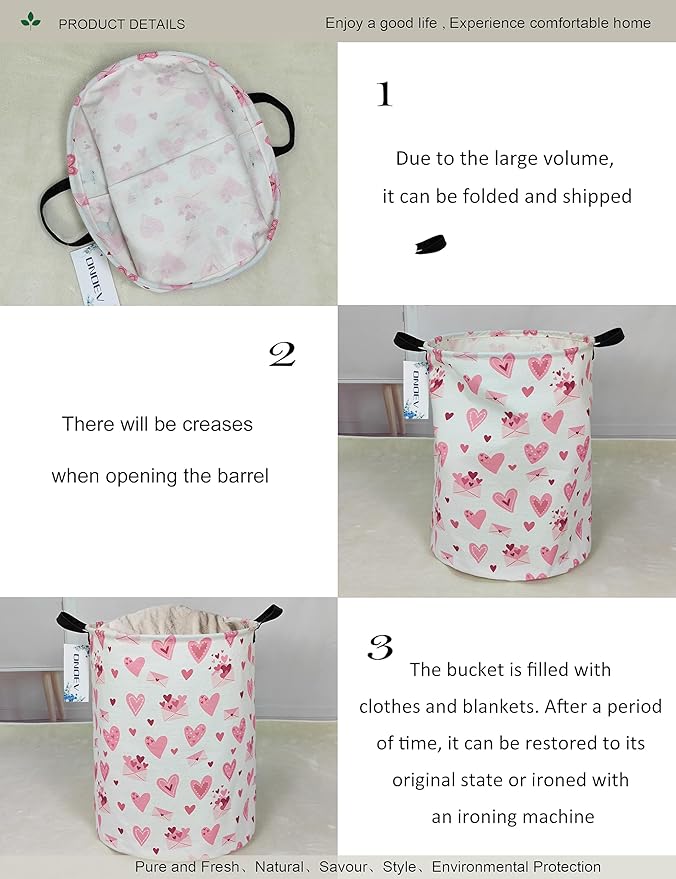 Round waterproof laundry basket,laundry Hampers with handle,gift basket,suitable for children's room and toy storage (Pink Love)
