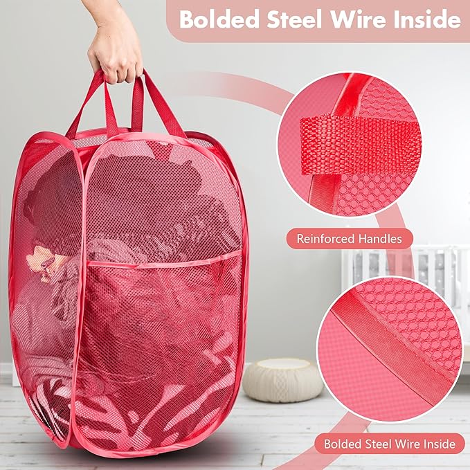 DUCOO Pop Up Hamper, 2 PCS Mesh Pop Up Laundry Hamper, Foldable Mesh Laundry Basket with Space Saving Design for Home, Dorm, Travel and Storage, Red