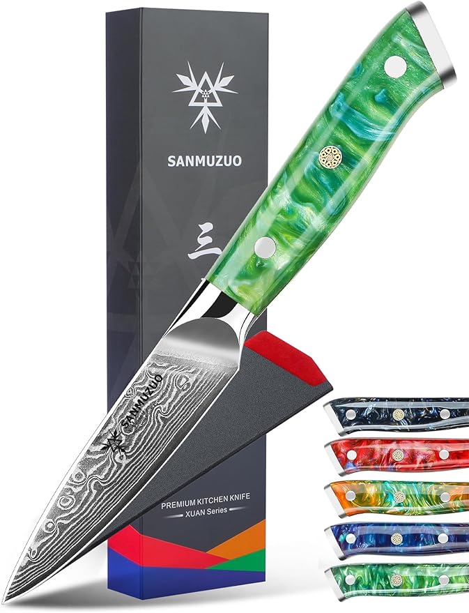 SANMUZUO 3.5 Inch Paring Knife - Kitchen Fruit Vegetable Knife Damascus Steel & Resin Handle - Xuan Series (Fantasy Orange)