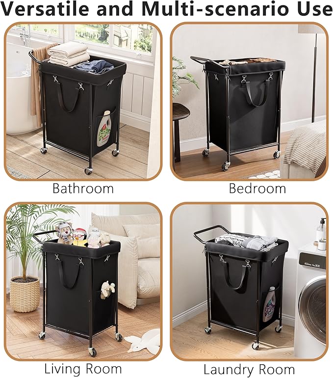 150L Laundry Basket with Wheels, Double Rolling Laundry Hamper with Metal Frame and Removable Bag, Dirty Clothes Hampers for Bedroom, Bathroom, Dorm Room, Black