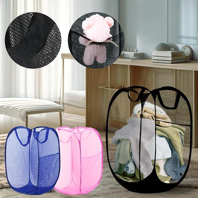 Pop Up Laundry Hamper, Mesh Laundry Basket Collapsible, Foldable Hamper for Travel and Storage, 3 Pack (Black+Pink+Blue)