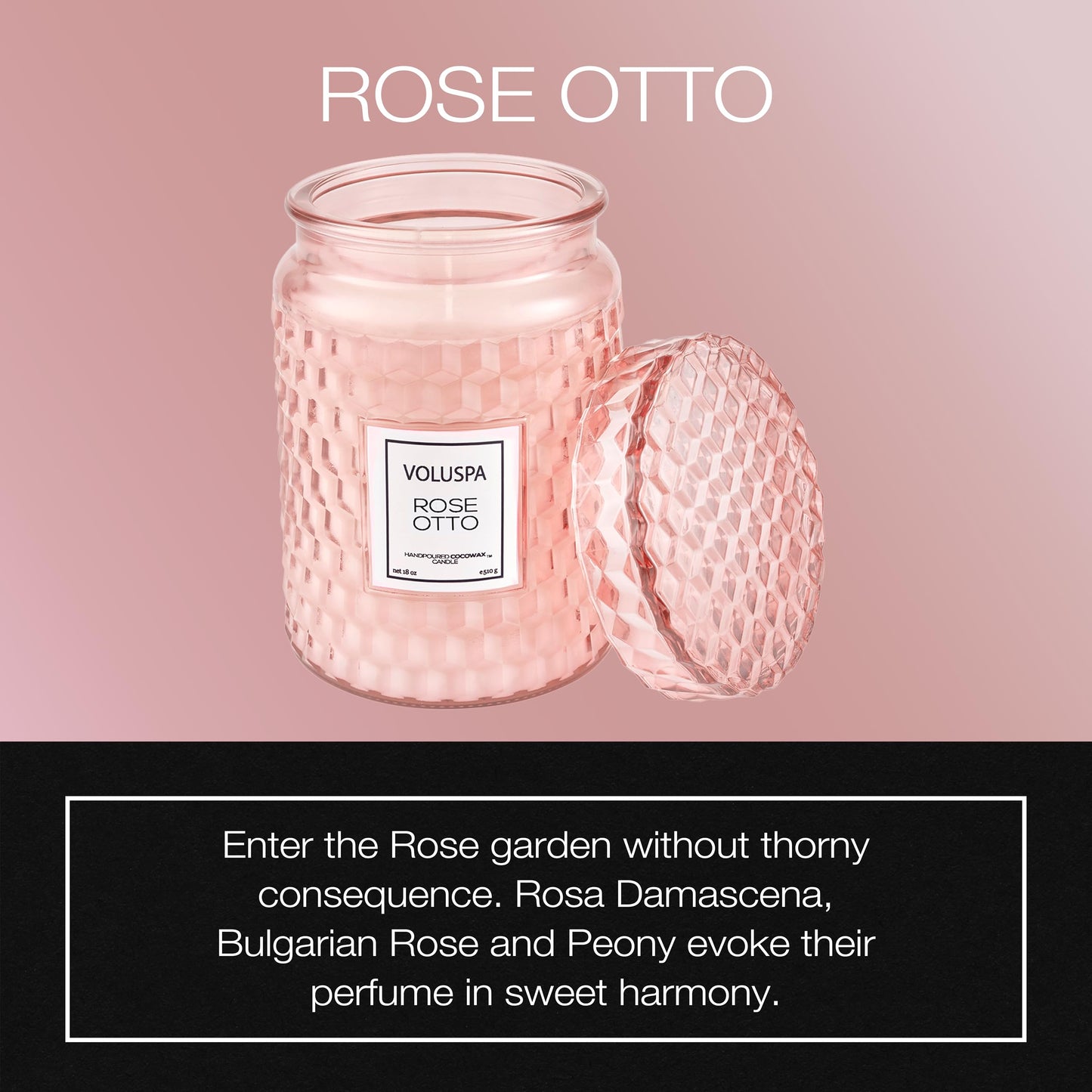 Voluspa Rose Otto, Large Candle Jar, 18 Ounce, 100 Hour Burn Time, Coconut Wax for Clean Burning, Handcrafted in the USA
