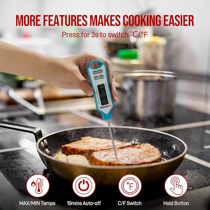 MERCUREYE Meat Thermometer Digital, Instant Read Food Thermometer – Waterproof Nonslip Grip Kitchen Timer & Temp Chart Thermometer for Cooking Candy, Oil Fry Indoor & Outdoor Grilling Smoker Roast