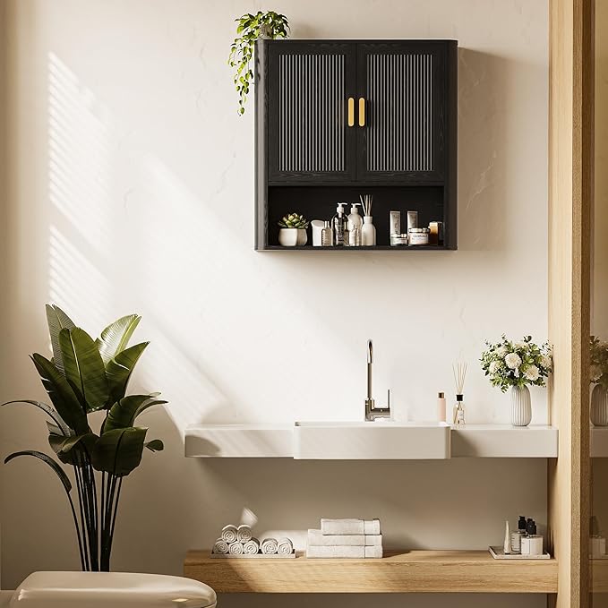 Bathroom Wall Cabinet, Wall-Mounted Medicine Cabinet with Adjustable Wood Shelf & Doors, Floating Bathroom Cabinet Over Toilet for Laundry Room & Kitchen & Living Room (Black)