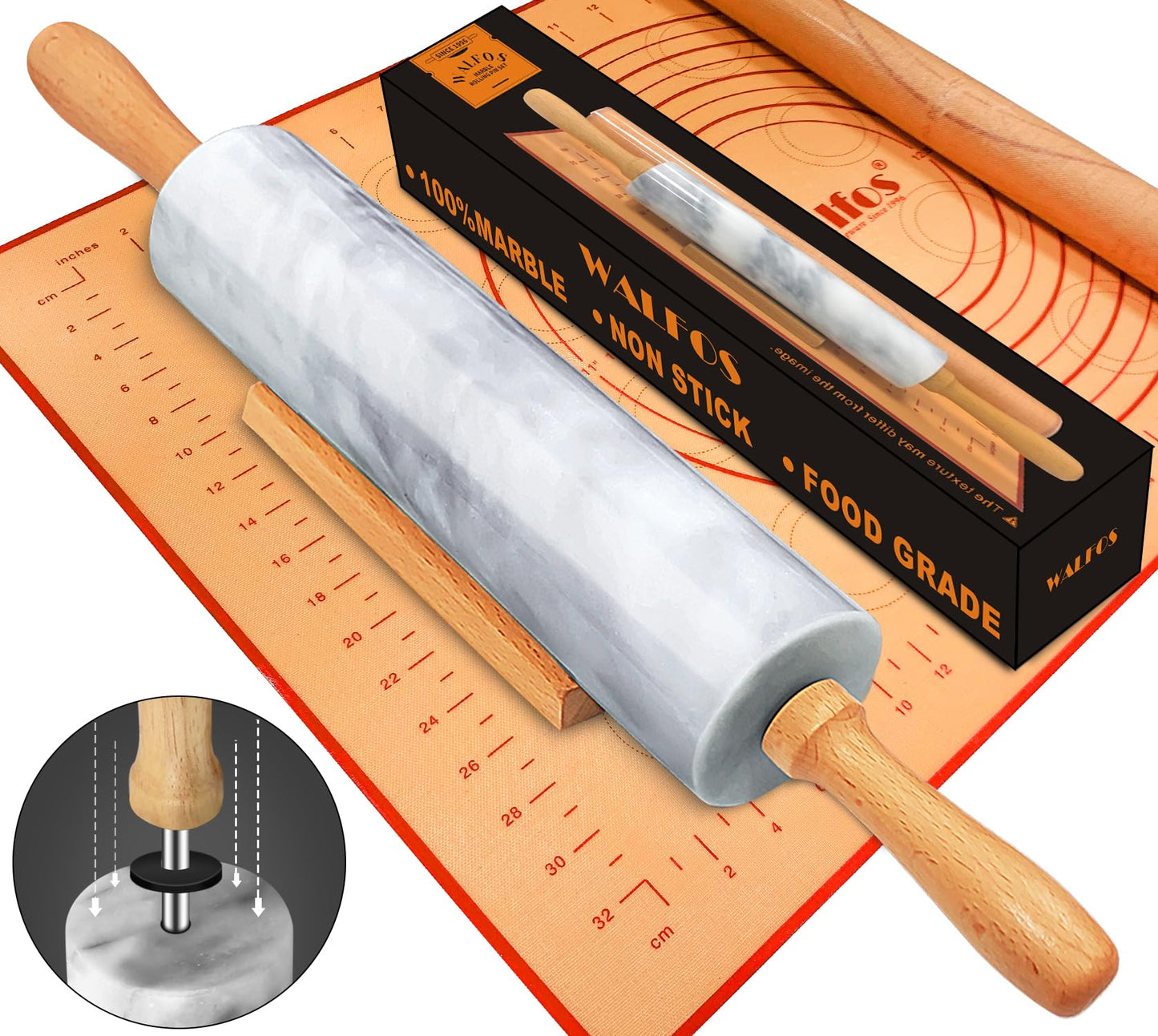 WALFOS French Rolling Pin and Silicone Baking Mat Set, Non-Stick Beech Wood Rolling Pin 15.7 Inch and Pastry Mat for Best Pie Crust, Cookie, Pasta and Pizza Dough