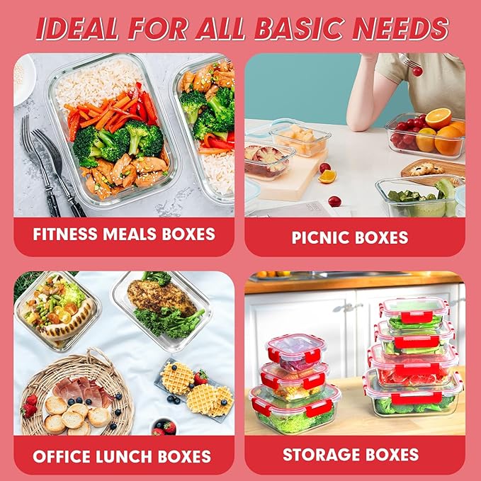 VERONES 30 Pieces Glass Meal Prep Containers Set, Stackable Glass Food Storage Containers with Lids-Airtight Lunch Containers，for Microwave, Oven, Freezer & Dishwasher,Red