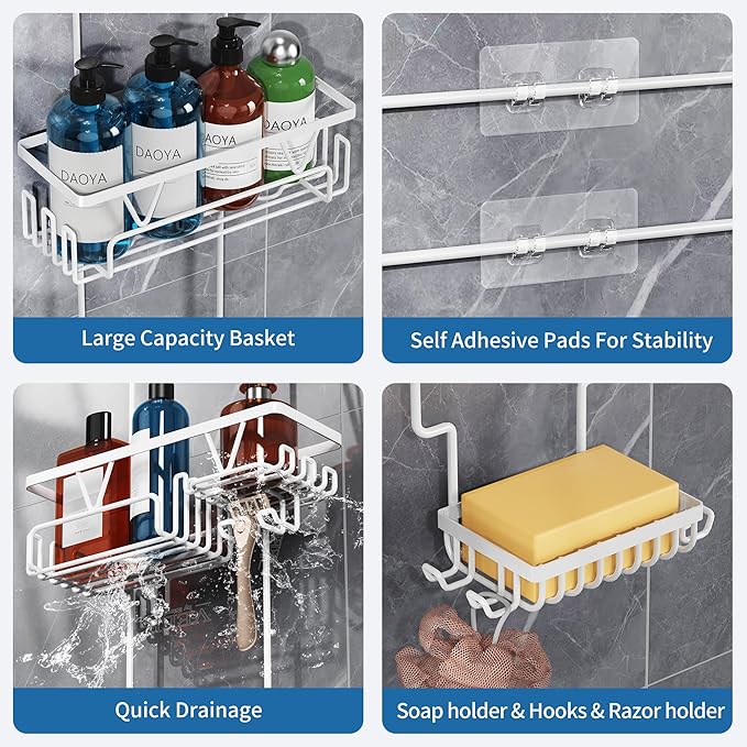 Over the Shower Head Caddy, White Shower Caddy Hanging, 3 Tier Anti-Swing Bathroom Organizer with Soap Holder & Hooks