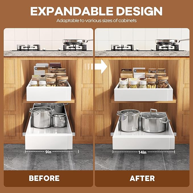 4 Pack Expandable Width (9"-14.1") Pull Out Cabinet Organizer 21" Deep with Raising Pad for Framed Cabinets, Upgrade 3 Slide Rails Slide Out Drawers, Roll Out Shelves Adhesive, White