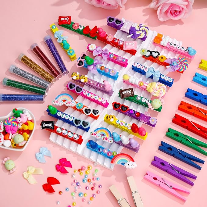 80 Set Cheer Pins Spirit Clips Clothes Wooden Pins for Backpacks Include 90 Mini Resin Animals 30 Mini Bows 500 Beads Cheer Clothespins Decorations Ribbon Team Classroom Cheer Gifts Bulk（Colorful）