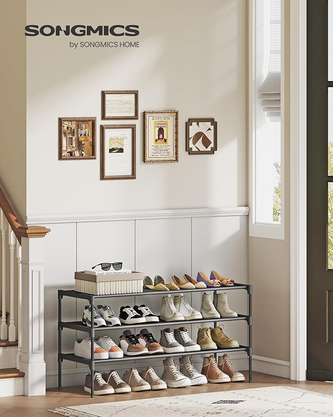 SONGMICS Shoe Rack, 3-Tier Shoe Storage Organizer, Space-Saving, 11.7 x 36.1 x 21 Inches, Entryway, Metal Frame, Non-Woven Fabric Shelves, Ink Black ULSH033BH01