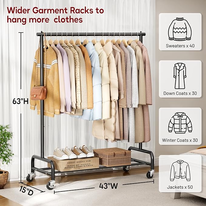 SLEEPING LAMB Heavy Duty Clothing Racks for Hanging Clothes Rack, 43" Wide Rolling Garment Rack Metal Clothing Hanger Rack with Wheels Wardrobe Rack for Coats, Shirts, Dress, (Black)