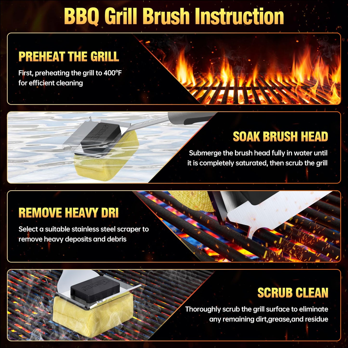 Grill Brush Bristle Free for Outdoor Grill, Steam Grill Cleaning Brush Replaceable BBQ Cleaner Brush Head,Extended Handle, Safe Grill Brush with Scraper for Cast Iron Stainless-Steel Grates,Black