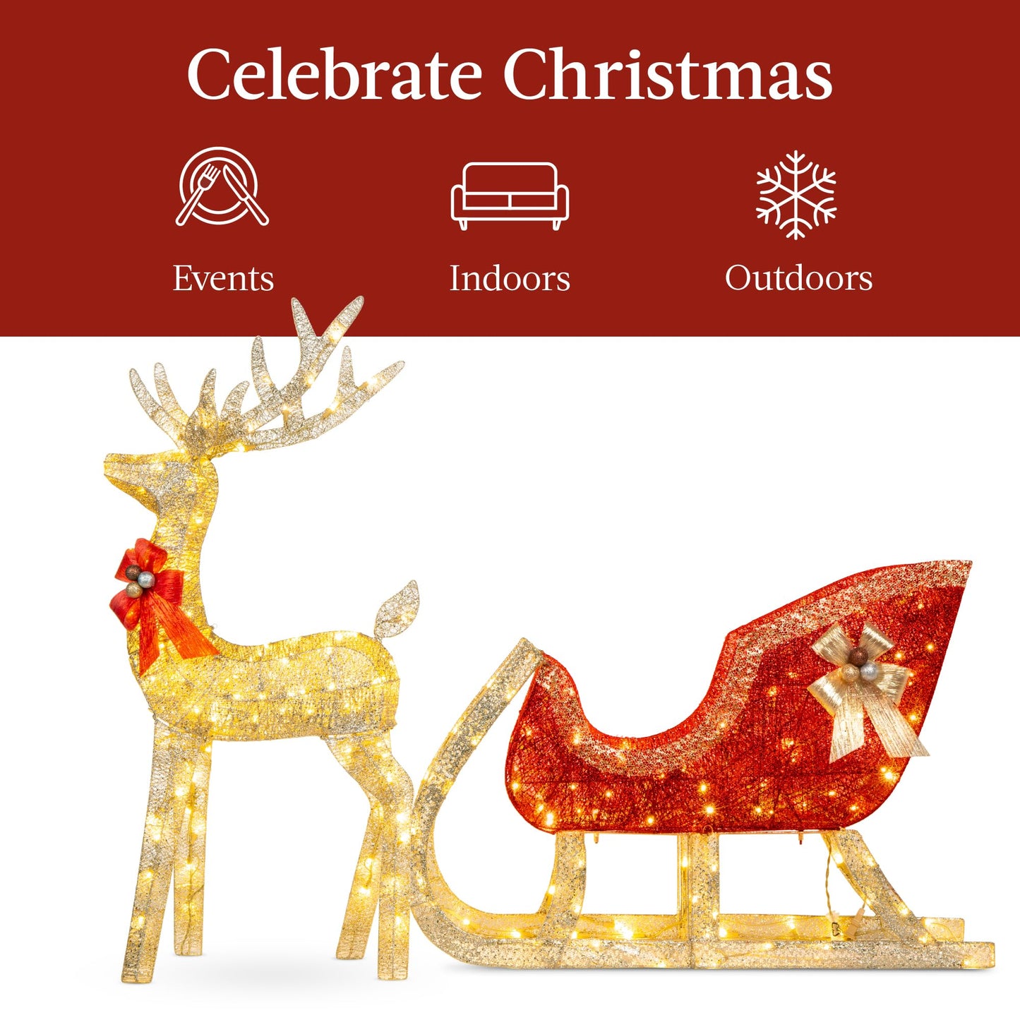 Best Choice Products Lighted Christmas 4ft Reindeer & Sleigh Outdoor Yard Decoration Set w/ 205 LED Lights, Stakes, Zip Ties - Gold