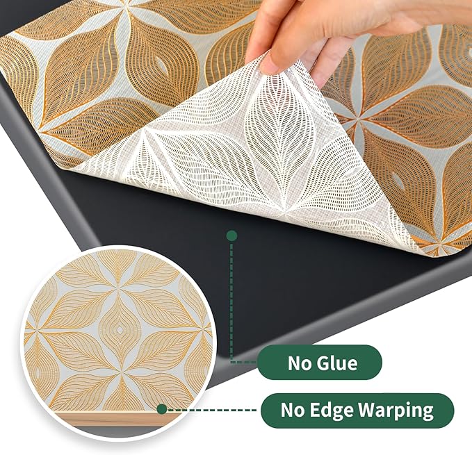 3D Drawer and Shelf Liner for Kitchen Cabinet: 17 in X 20 Ft Waterproof Shelf Paper Non Adhesive Refrigerator Liners Golden Leaf Easy Liners for Bathroom with Knife Tape Measure