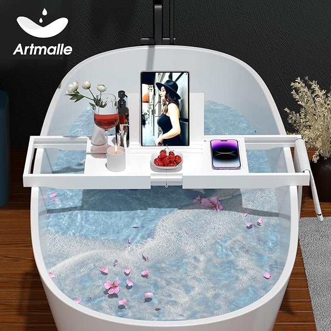Artmalle Bathtub Tray for Tub, Expandable Bamboo Bath Caddy Tray with Book Holder for Home Spa Relaxing, Foldable Minimalist Bathroom Accessories for Women Men (Simple, White)