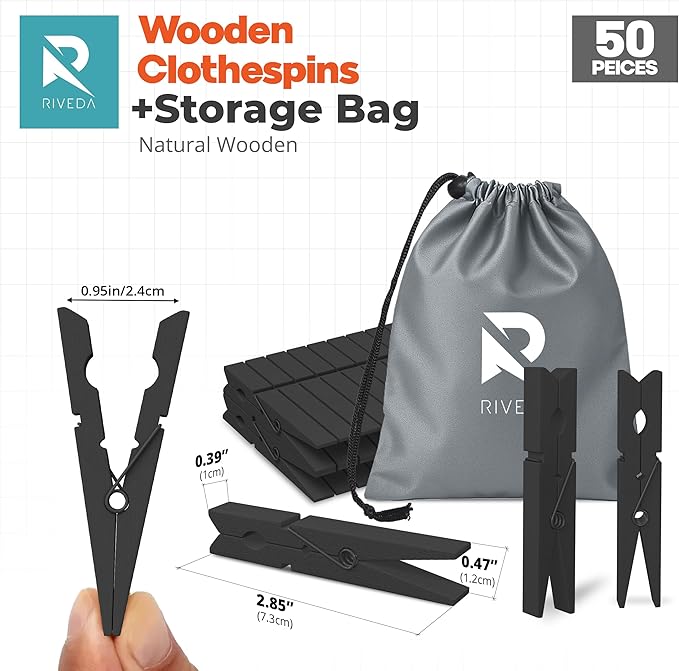 RIVEDA 50pcs Colored Wooden Clothes Pins, 2.9inch, Clothespins for Classroom, Clip Hanging Photos, DIY Clips for Crafts, Decorations (Black)