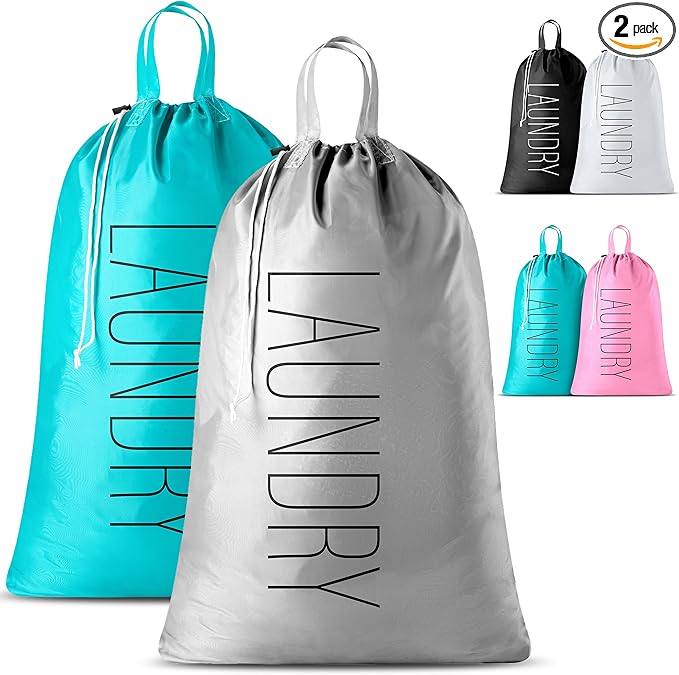 Extra Large Travel Laundry Bag - 2-Pack Fun Print Design Bags for Dirty Clothes - Durable Water-Resistant Fabric - Sturdy Drawstring Closure (Teal-Grey | Laundry)