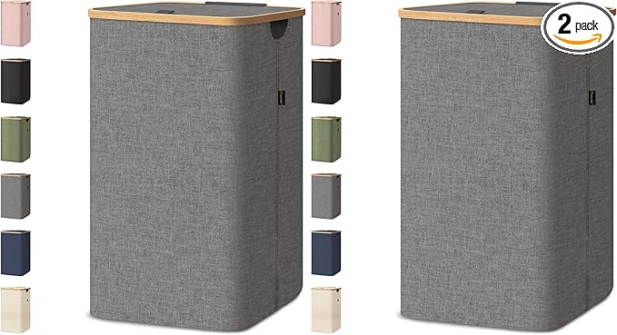 BALEINE Laundry Hamper with Lid, Tall Laundry Baskets with Bamboo Pull Handles, Large Laundry Bin with Internal Support (26 Gal/100L, Grey) (Pack of 2)