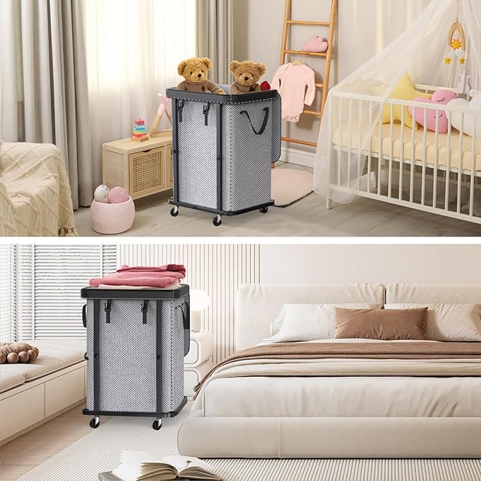 150L (40 Gal) Large Fashion Laundry Basket with Wheels, Leather Patchwork Rolling Hamper Carts, Sturdy Metal Frame, Removable Washable Bag, Tall Clothes Sorter for Bedroom, Laundry Room - Gary