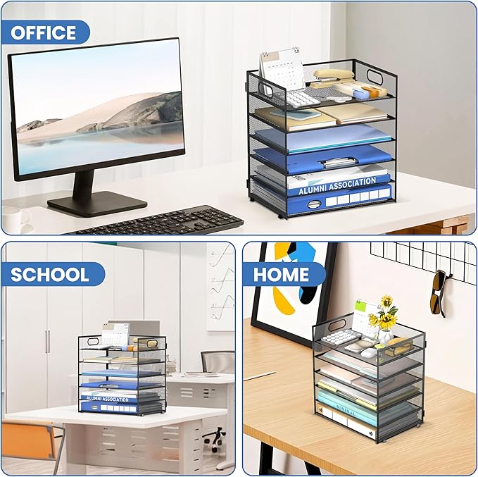 Daltack 6 Tier Paper Organizer for Desk, Paper Letter Tray Organizer for Desks, Mesh Desk File Organizers with Handle for Office, Home, School, Black