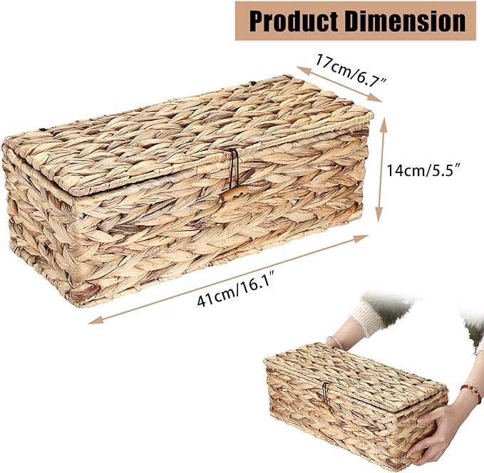 Sumnacon Wicker Storage Basket with Lid Rectangle Wicker Basket with Lid for Toiletries Tampon Storage,Toilet Tank Topper Basket Water Hyacinth Storage Baskets for Shelf Bathroom Toilet Table