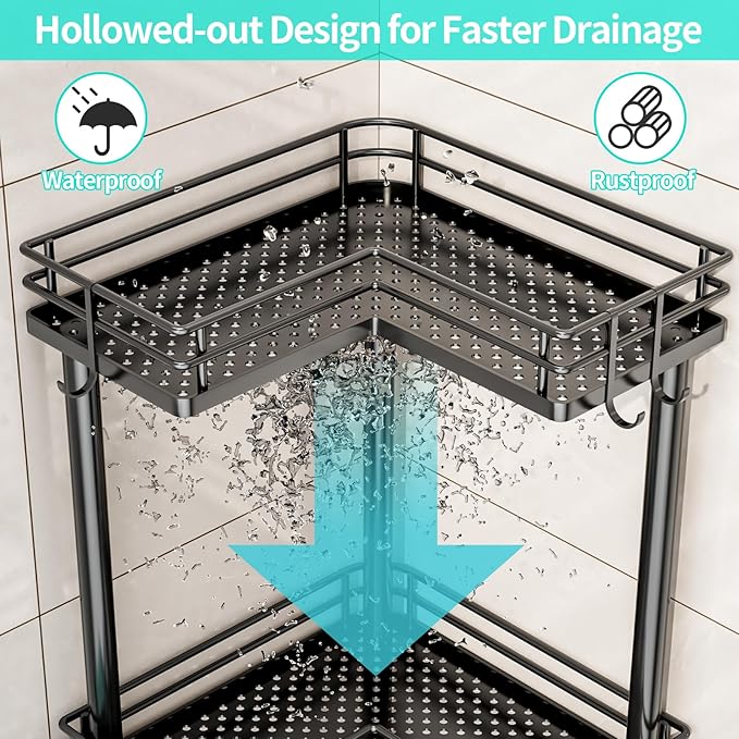 HapiRm Corner Shower Caddy Standing - 2 Tier Shower Organizer Corner with Soap Holder, Rustproof Bathroom Standing Organizer with 2 Hooks, Black