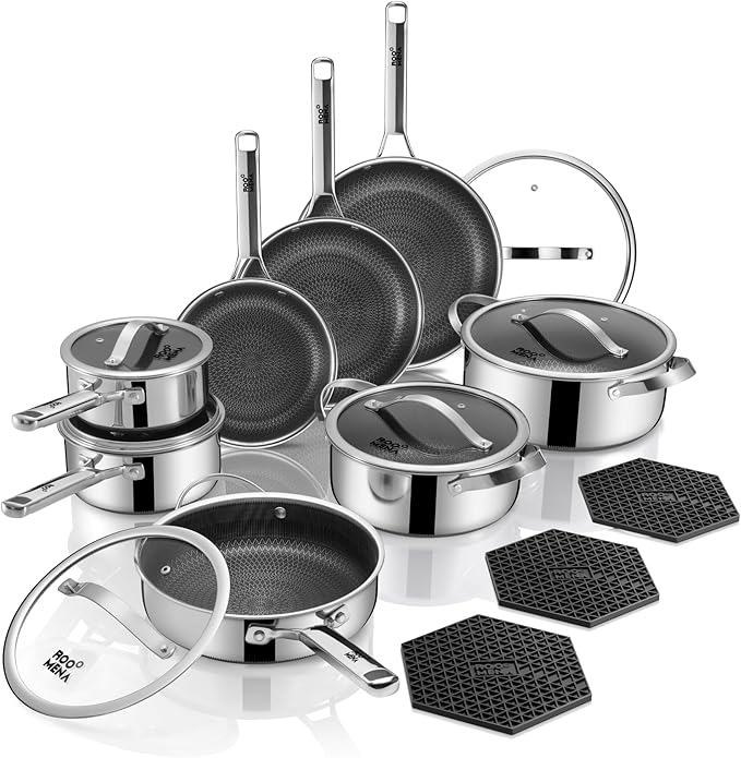 Pots and Pans Set Hybrid Stainless Steel, 17PC Nonstick Cookware Set