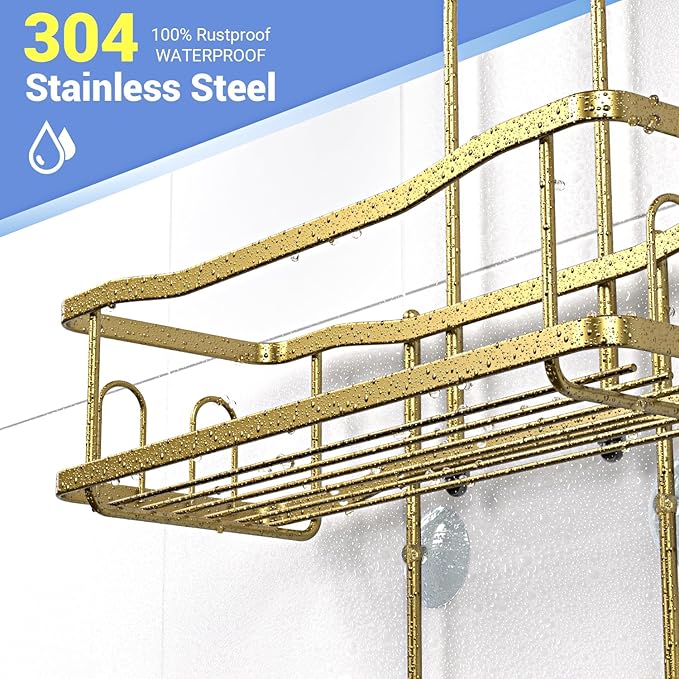 Hanging Shower Caddy Bathroom Organizer: Rustproof Shower Shelf Racks Over Shower Head - No Drilling Inside Bath Shower Rack Shelves Over Showerhead for Shampoo with Soap Holder Gold