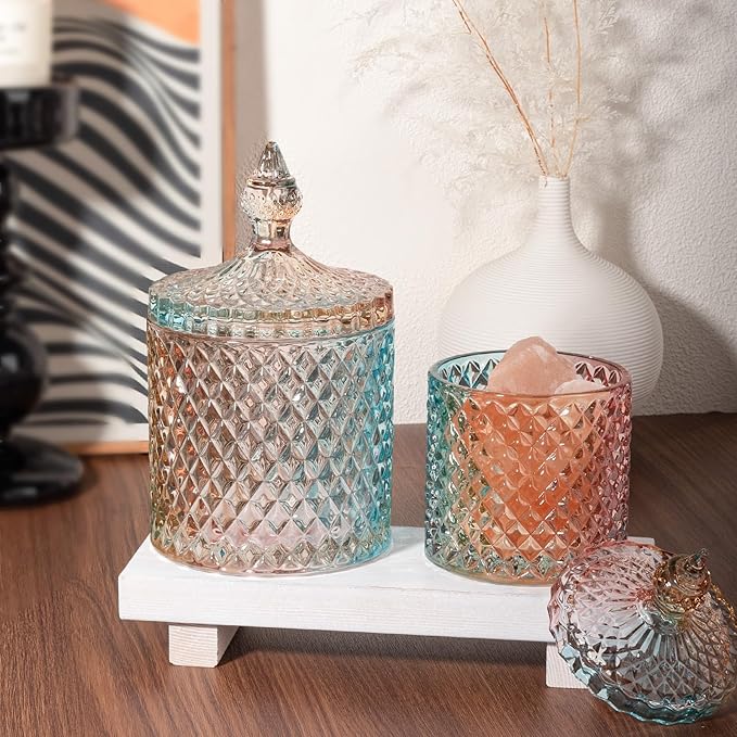 2 Pack Qtip Holder Glass Bathroom Accessories Vanity Organizers and Makeup Storage for Cotton Swabs, Balls, Pads, Floss Picks, Candy, Small and Large Rainbow