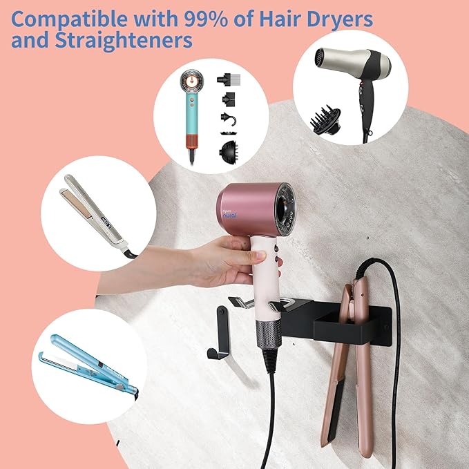 Hair Dryer Holder Wall Mounted, Hair Tool Organizer Wall Mount for Bathroom, Stainless Steel Hair Dryer Holder, Blow Dryer Holder Adhesive/Drilling Hair Dryer and Straightener Holder Black UEMUSI
